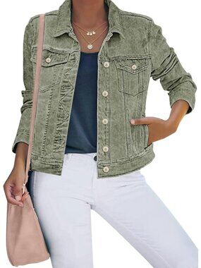 Women's Green Basic Button Down Stretch Fitted Long Sleeves Denim Jean Jacket